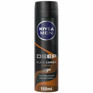 NIVEA MEN Antiperspirant Spray for Men, 48h Protection, DEEP Black Carbon Antibacterial, Espresso Scent, 2x150ml