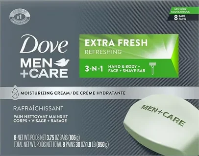 Dove Men+Care 3 in 1 Bar Cleanser for Body, Face, and Shaving Extra Fresh Body and Facial Cleanser More Moisturizing Than Bar Soap to Clean and Hydrate Skin 3.75 Ounce (Pack of 8)